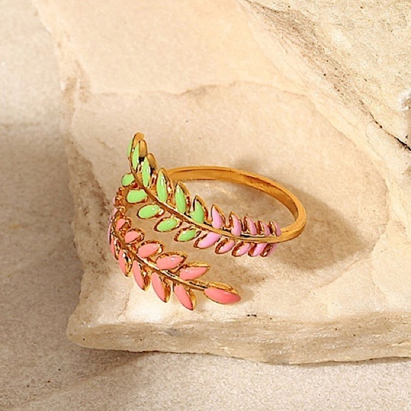 Gold Plated Leaf Design Multicolor Bangle Bracelet Ring Set - Picture 6 of 15